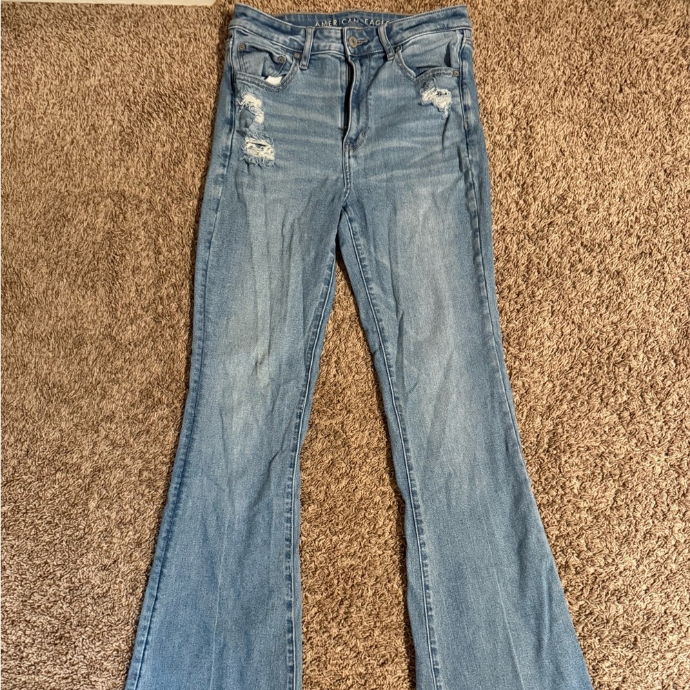American Eagle Super High Rise Distressed Medium Wash Flare Jeans Size 8 x-long